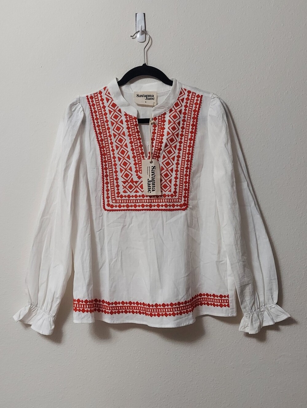NWT Savanna Jane White Blouse with Red Geometric Embroidery